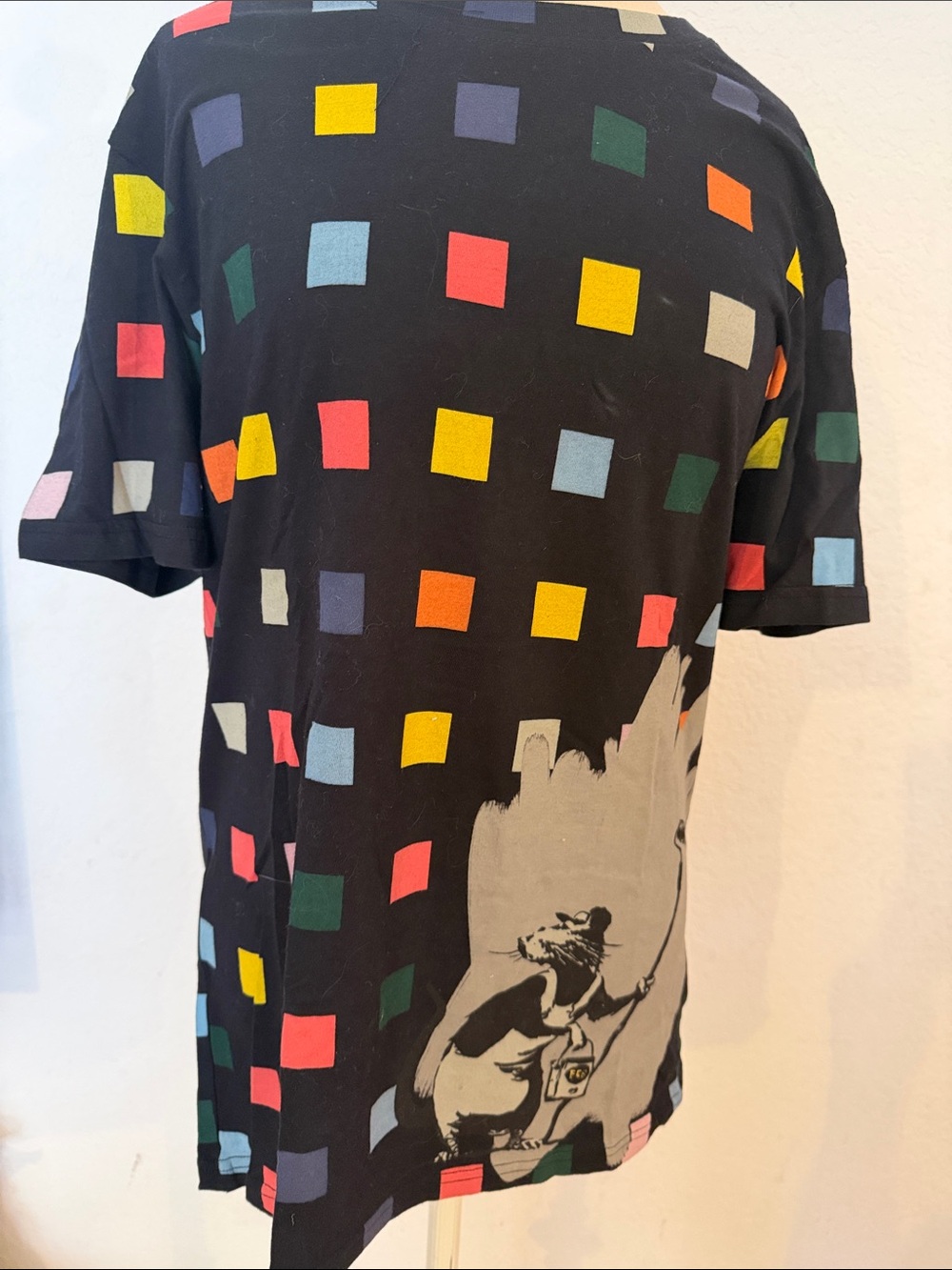 Eleven Paris Black Short-Sleeve Tee with Multicolor Square Print and Rat Graphic